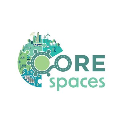 Logo with eco-friendly and urban elements forming the word 'CORE spaces'.