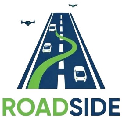 Logo with cars and drones on a road, featuring the word ROADSIDE.