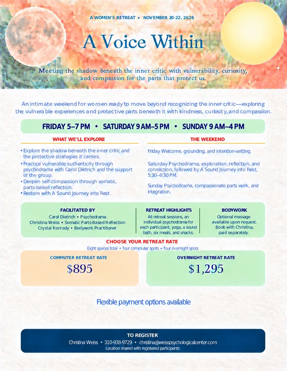 Women's retreat 'A Voice Within' on Nov 20-22, 2026, focusing on inner critic and self-compassion.