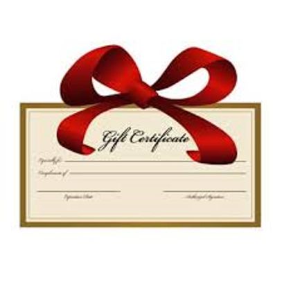 A gift certificate adorned with a large red ribbon bow.