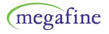Logo with the word 'megafine' and a green curved line.
