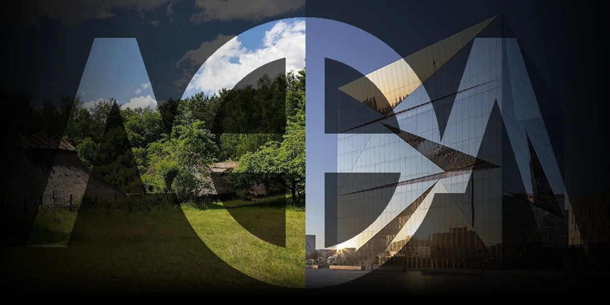 Split image of nature and modern glass building with overlay text.
