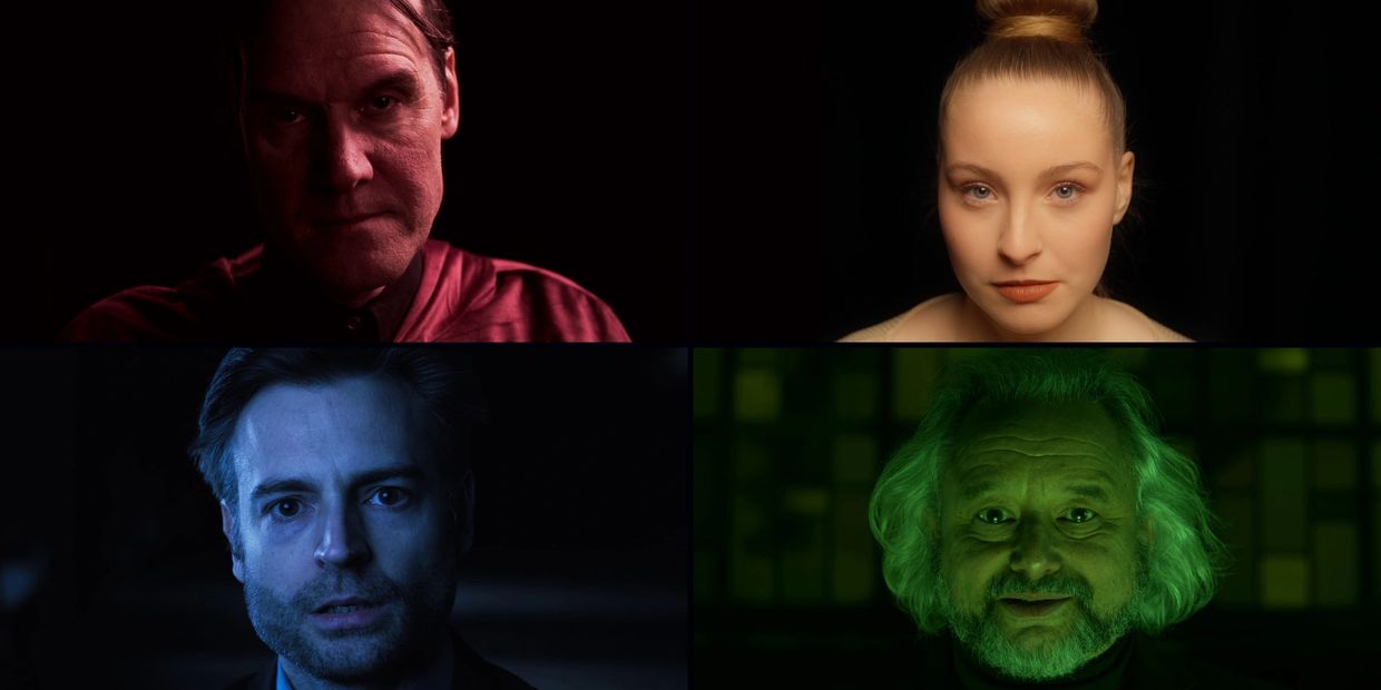 Four portraits with distinct colored lighting: red, natural, blue, and green.