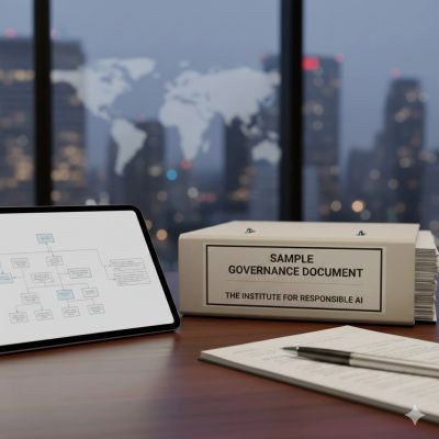 Office desk with a tablet, governance document binder, and notepad with pen.
