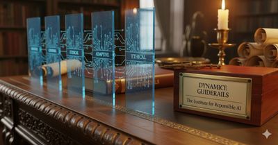 A set of transparent plaques labeled with ethical principles on a wooden desk.