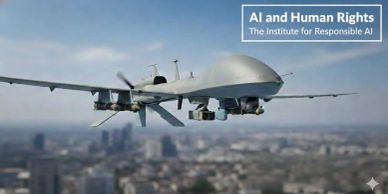 A military drone flying over a city with an AI and human rights logo.