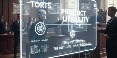 Robot presenting legal concepts on a transparent digital screen in a courtroom.