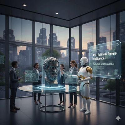 Futuristic meeting with a humanoid robot and professionals discussing AI innovations using holograms.