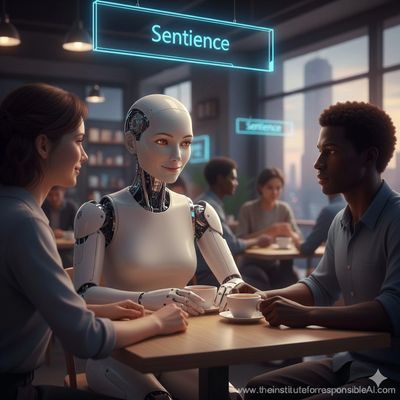 A humanoid robot engaging in a thoughtful conversation with humans in a café.