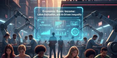 Futuristic urban scene highlighting economic inequality and AI automation.