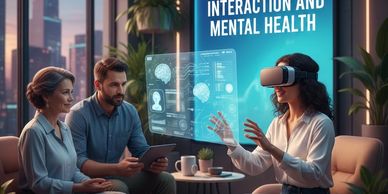 People exploring mental health with VR technology and data visuals.