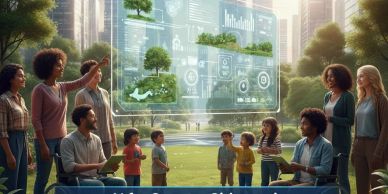 People interact with futuristic digital screens showcasing environmental data in a park.