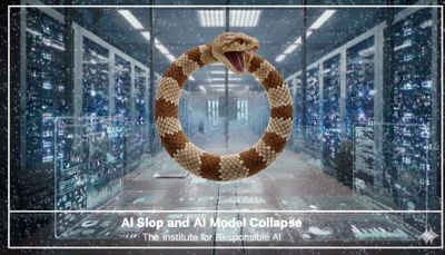 A coiled snake inside a data center symbolizes AI collapse risks.