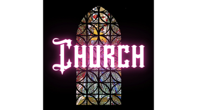 CHURCH's Neon pink logo overset of a stained glass motif of Shelita Cox