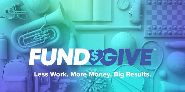 FundGive logo with slogan and sports equipment background.