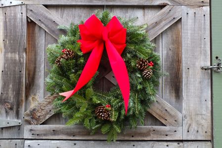 A festive Christmas wreath with pine cones and a large red bow on a wooden door.