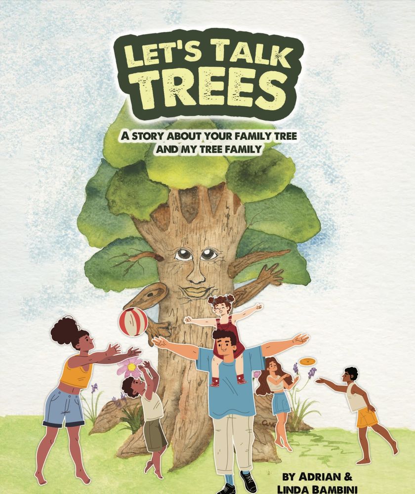 Illustrated book cover featuring a talking tree and a joyful family playing outdoors.