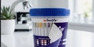 Pregnancy test strips inside a blue-lidded container on a white surface.