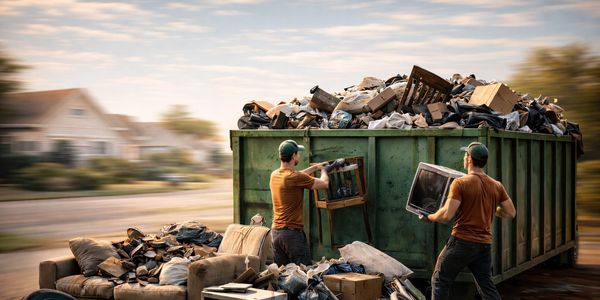 Two men disposing of old furniture and electronics into a large dumpster.
