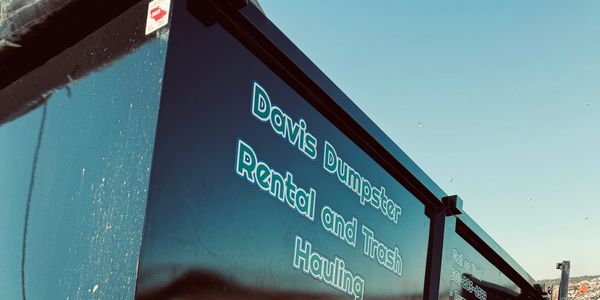 Black rental dumpster trailer at a landfill site with company branding.