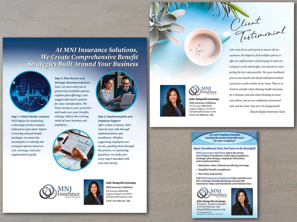MNJ Insurance Solutions brochure featuring client testimonial and services overview.