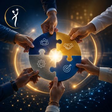 Manos uniendo piezas de rompecabezas con íconos de colaboración y estrategia.