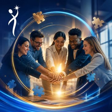Equipo de trabajo unido y colaborativo con energía positiva.
