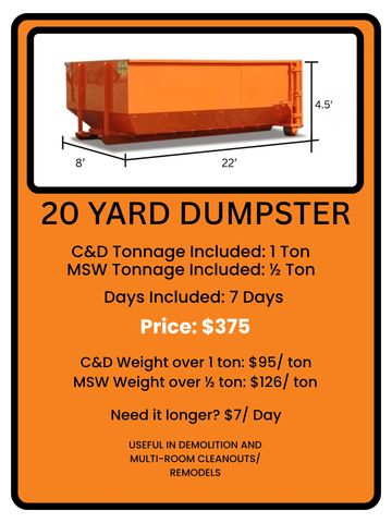 Advertisement for a 20-yard dumpster rental with pricing and dimensions.