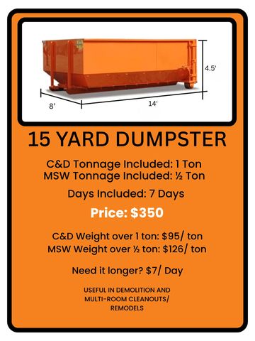 15-yard orange dumpster rental with pricing and usage details.