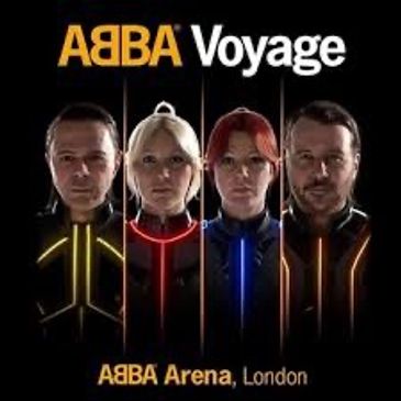ABBA Voyage poster with four band members in illuminated costumes.