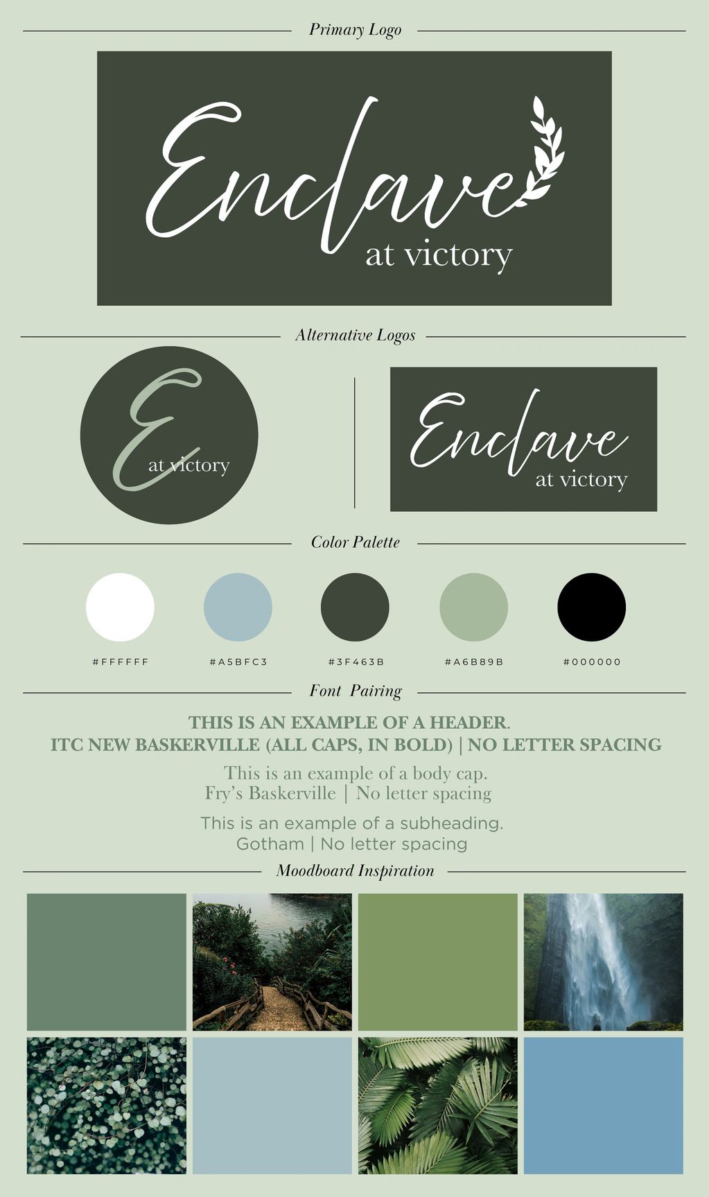 Elegant branding for "Enclave at Victory" with nature-inspired colors and fonts.