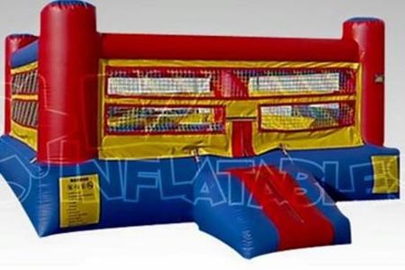 A small open top bouncer shaped and designed like a boxing ring. It comes with four oversized boxing