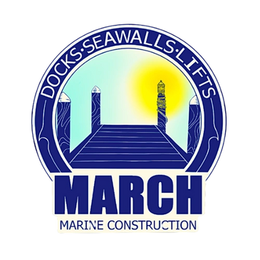 Logo of March Marine Construction featuring a dock and sun.