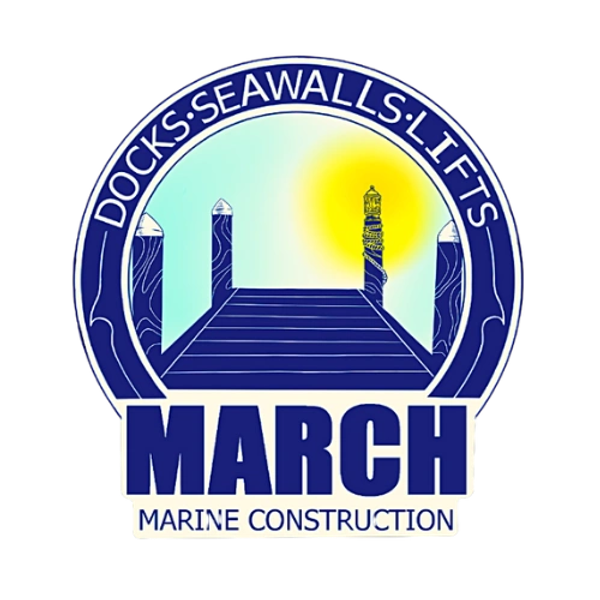 Logo of March Marine Construction featuring a dock and sun.