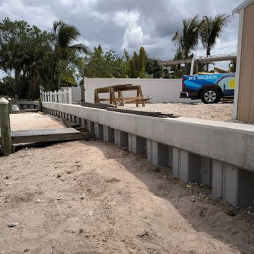 Concrete seawall along a sandy shore with palm trees and a parked vehicle.