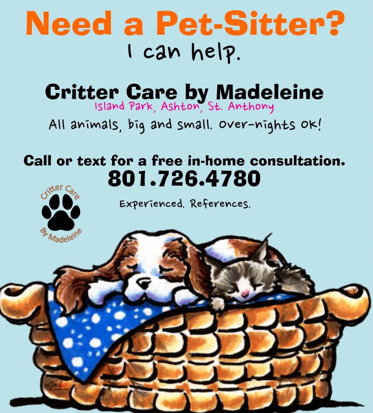 Pet sitting services provided by Critter Care by Madeleine