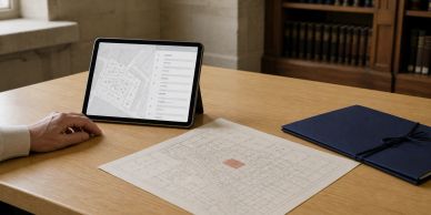 Person reviewing architectural plans with tablet and blueprints on table.