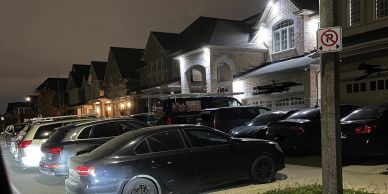 A row of parked cars along a residential street at night.
