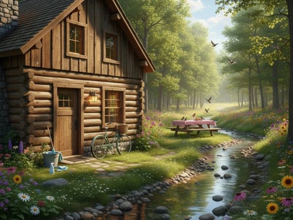 Cozy log cabin beside a stream in a lush forest.