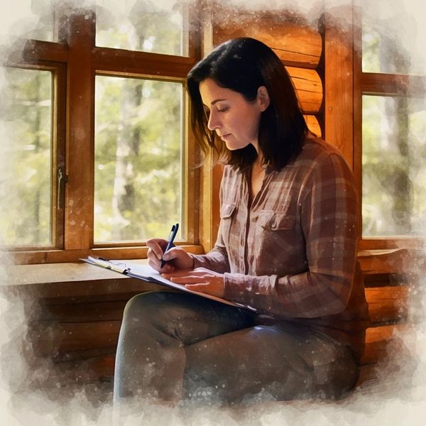 Woman writing in a notebook by a window.