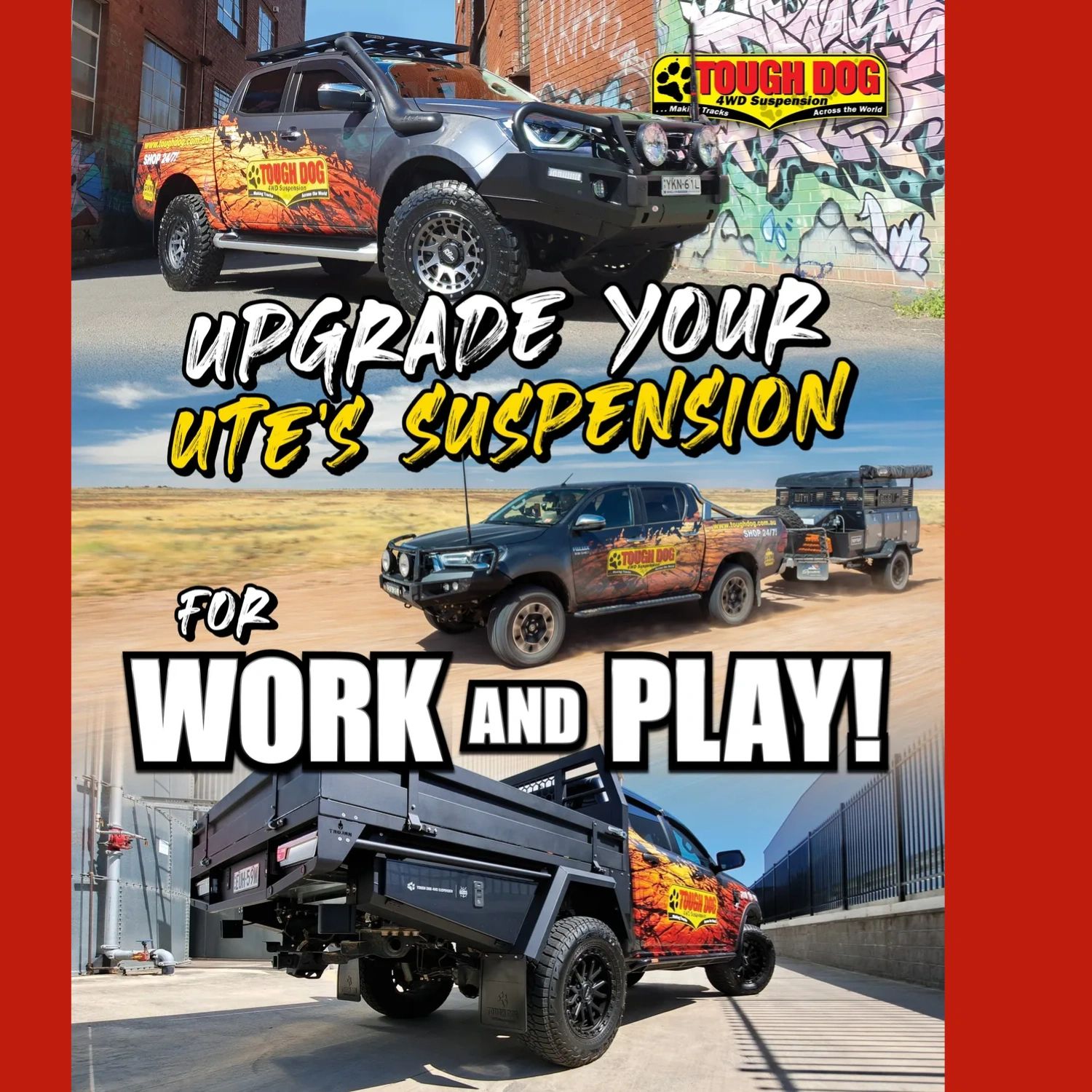 shows 2 utes with Tough dog Suspension fitted and text upgrade your ute's suspension for work & play