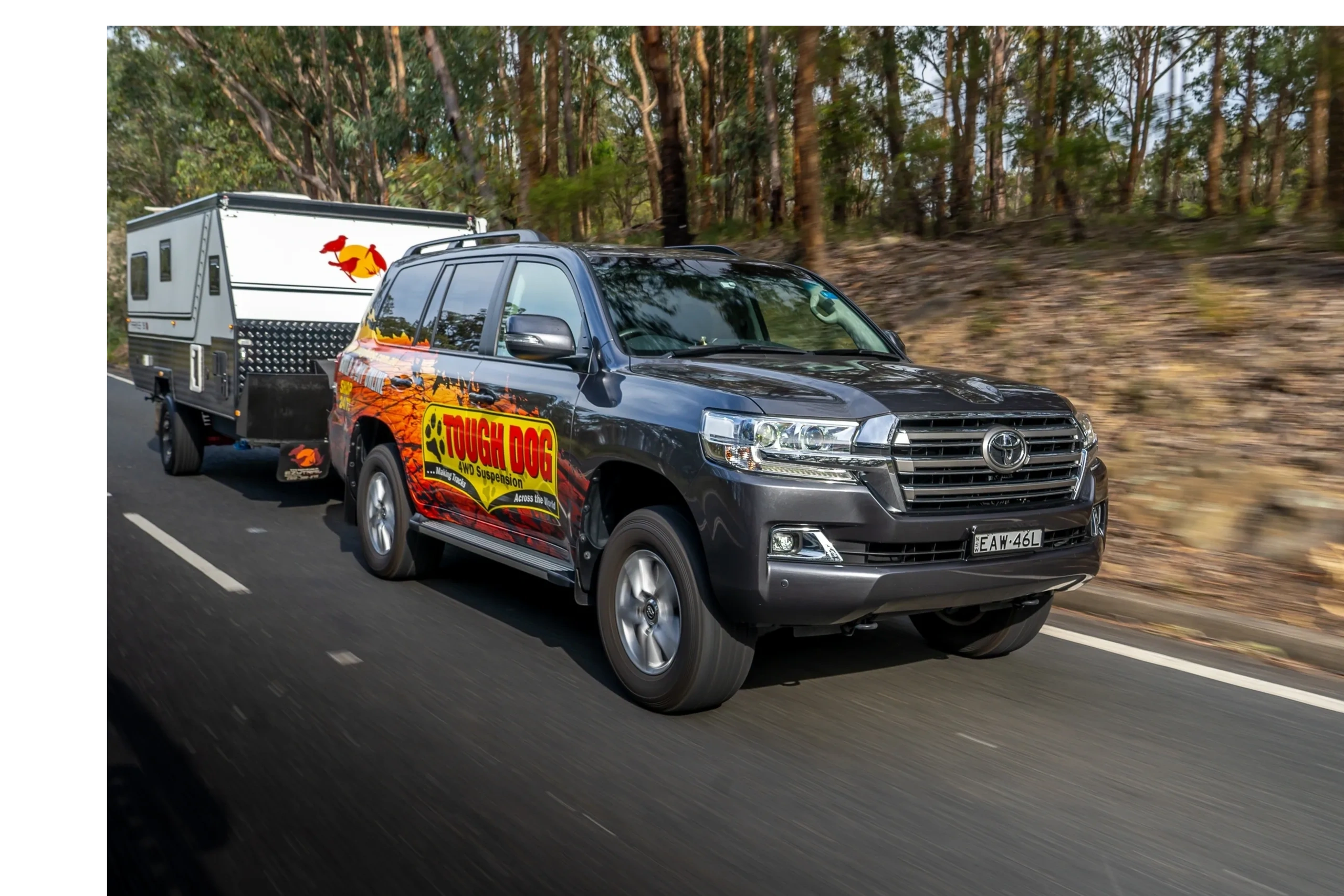 Toyota Landcruiser Towing A Caravan with Tough Dog Suspension Installed