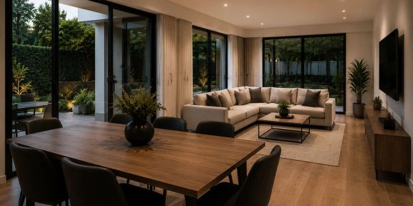 Modern living and dining room with large windows and cozy lighting.