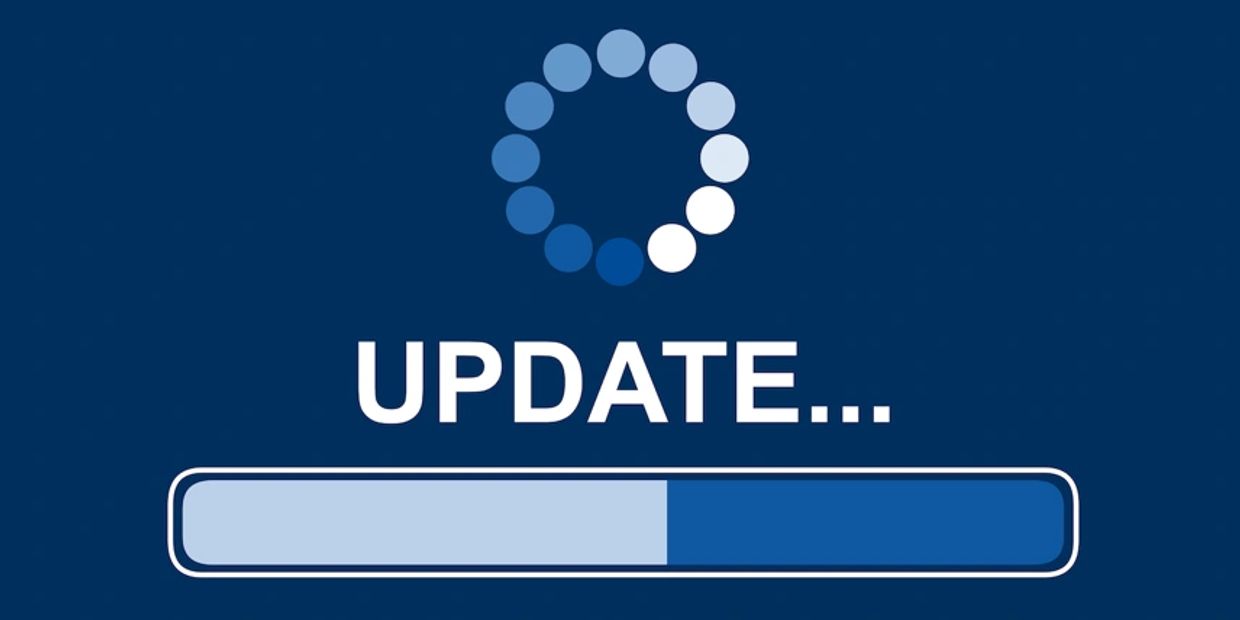 Blue-themed digital update progress bar with loading circle and text.
