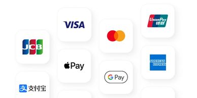 Various digital and card payment method logos displayed on a white background.