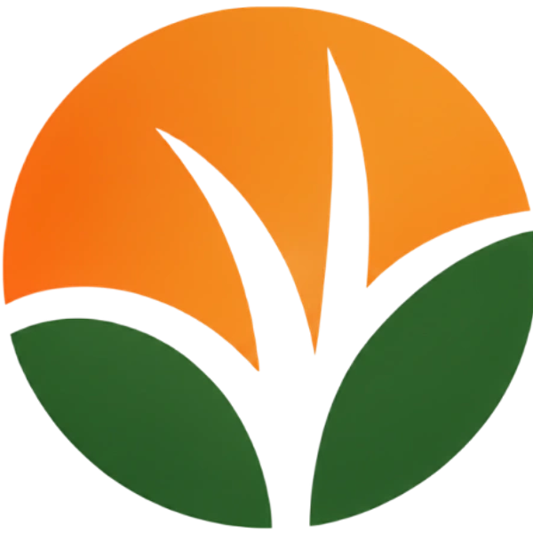 Logo with orange and green leaf-like shapes.