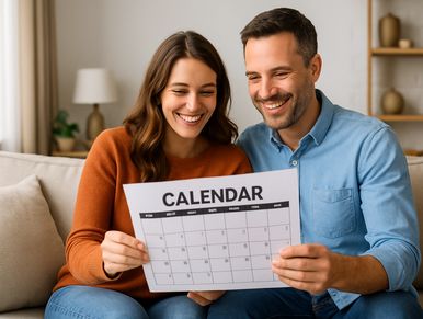 Couple happily looking at a calendar.