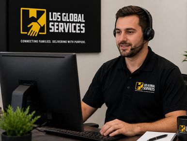 Customer service representative working at a desk.