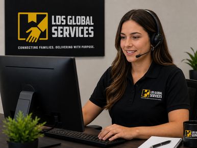 A woman working at LDS Global Services with a headset.