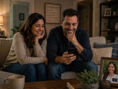 Couple smiling while looking at a phone on the couch.